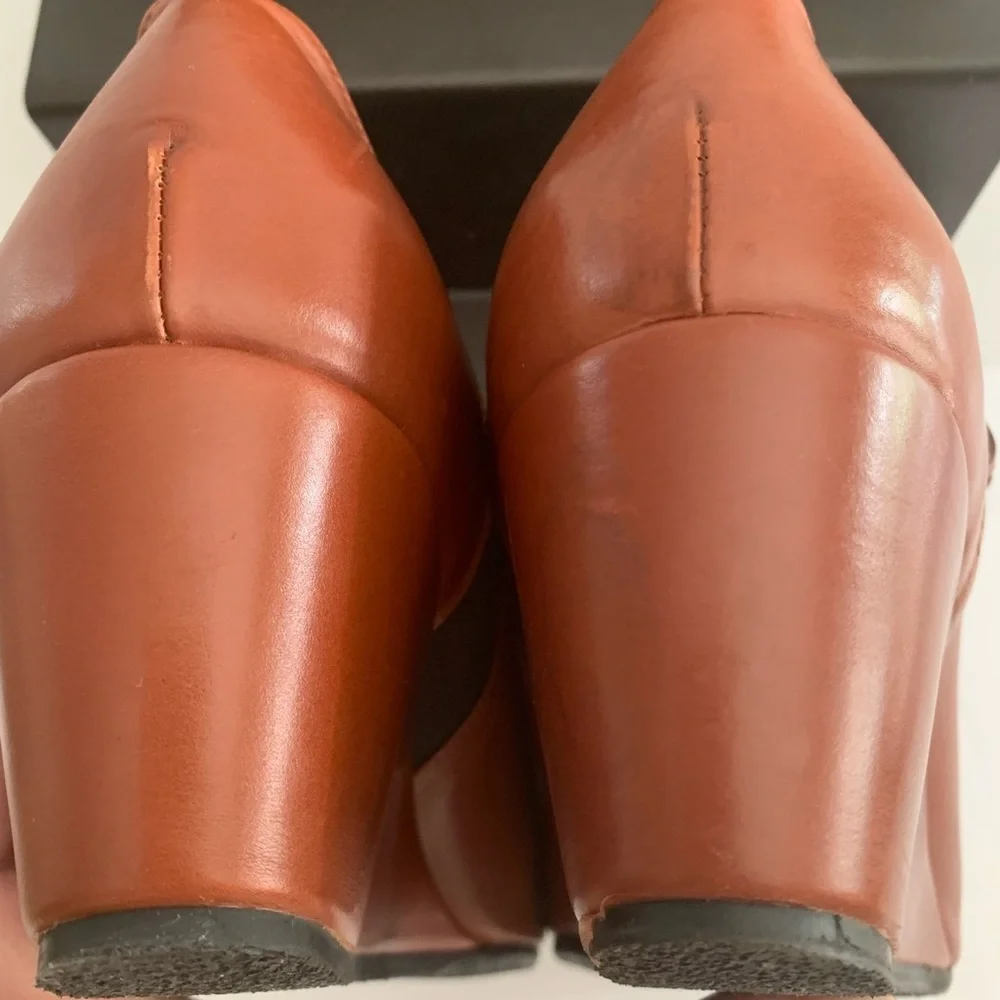 NEW ANYI LU Peep Toe Buckle Wedges Booties Ankle Boots Leather Brown Cognac